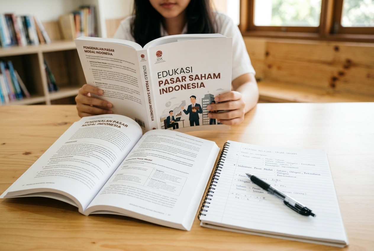 Buku teks edukasi pasar saham terbuka di meja belajar