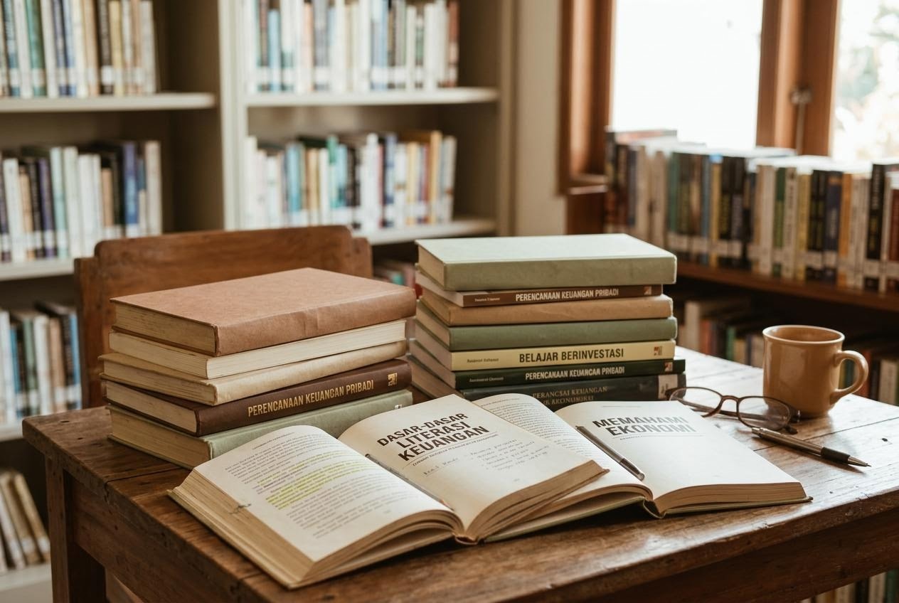 Tumpukan buku literasi keuangan di rak perpustakaan