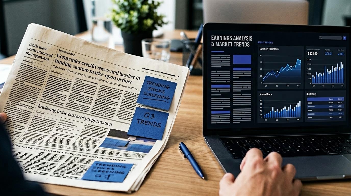 話題株のニュース画面と決算資料